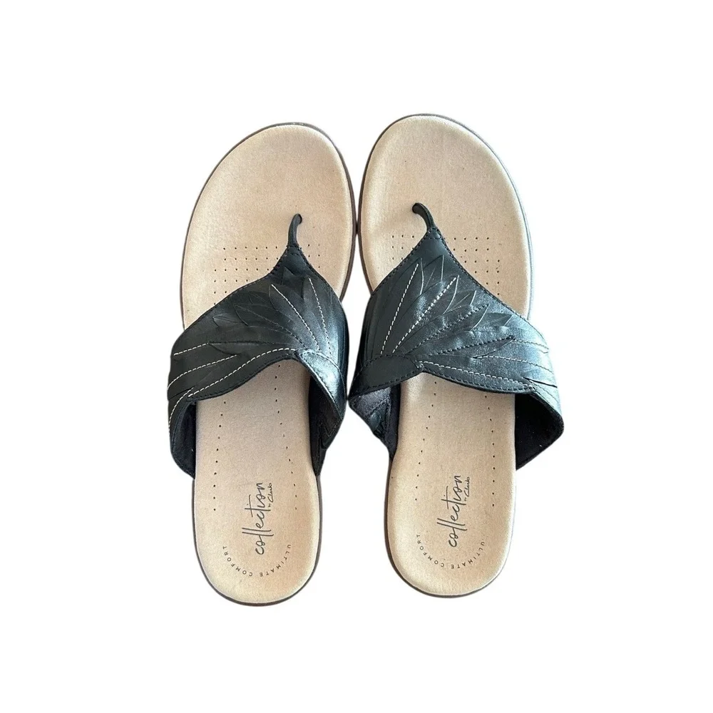 Clarks Collection Women Black Leather Wedge Thong Flip Flop Sandals‎ Size 11